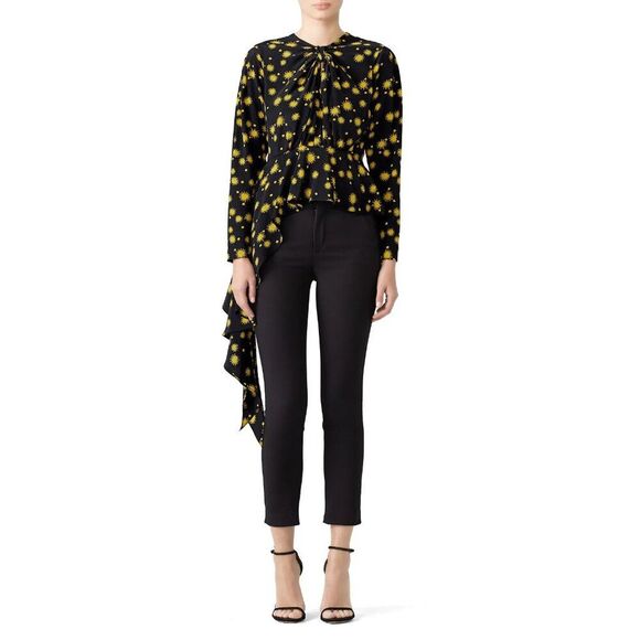 DELFI Collective Fallon Silk Long Sleeve Draped Hem Blouse Top Black Yellow XS - Picture 1 of 7
